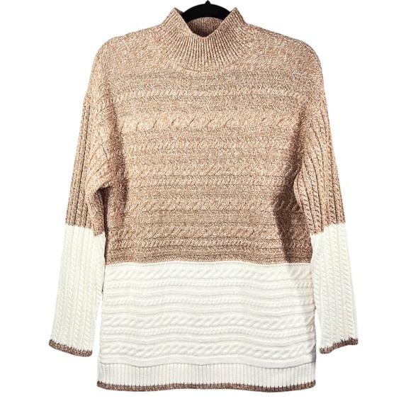 Talbots Marled Colorblock Cable Knit Sweater M Neutral Classic Chunky Mock Neck - Picture 1 of 6